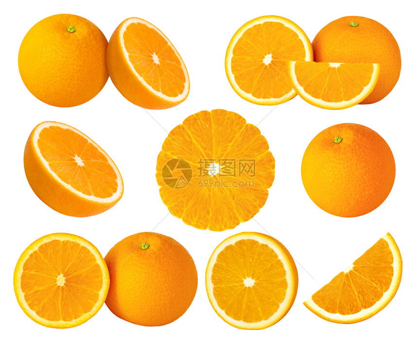 工作室满的食物在白背景和剪切路径上隔离的一套橙色水果图片