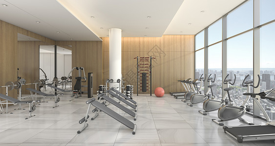 3d提供现代木质健身房和有城市观的训练室运动木头渲染图片