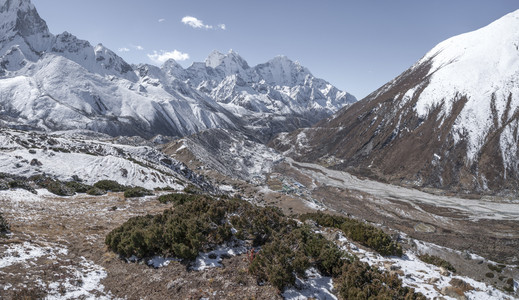 禁忌胆酸Pheriche河谷和喜马拉雅高峰会珠穆基地营在尼泊尔长途跋涉云背景图片