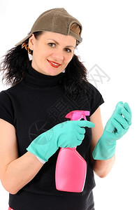 抹布身着帽子和绿手套的女人洗了窗户家拖把图片