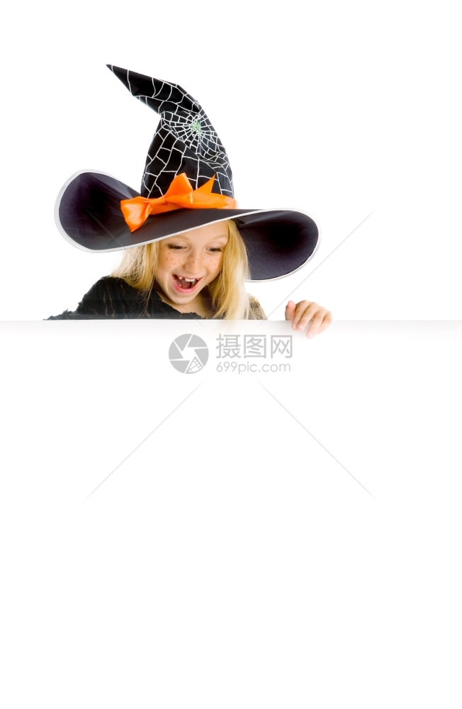 美丽的令人惊讶小女孩长金发在巫服装看下标志黑帽与网蜘蛛和橙色弓空间复制网络保持信息图片