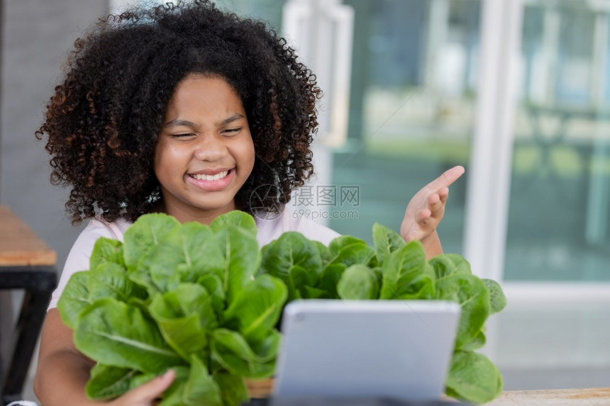 食物保持有温室绿色沙拉蔬菜的ffro发型女孩与顾客一起展示在社交媒体营销中受在线影响的女孩活在她爱好上Afro头发式女孩携带绿色图片