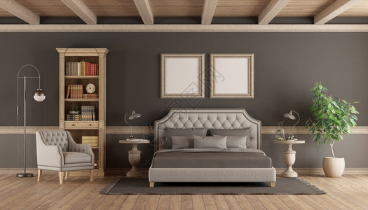 板梁古村空白的室内古典风格主卧室有优雅的双床书架和Aemchaie3D制成经典风格的主卧室配有复式家具梁背景