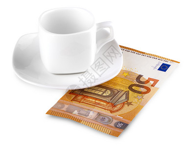 早餐银行咖啡杯和50欧元白底黑的咖啡杯和50欧元图片