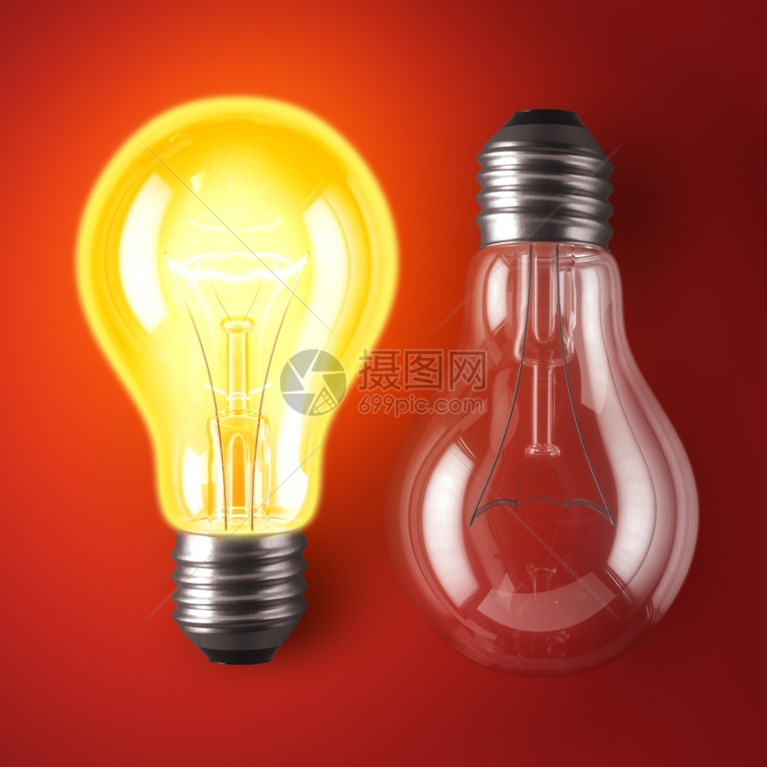 电灯泡玻璃金属红色底3D插图灯泡开放和关红底3D插图图片
