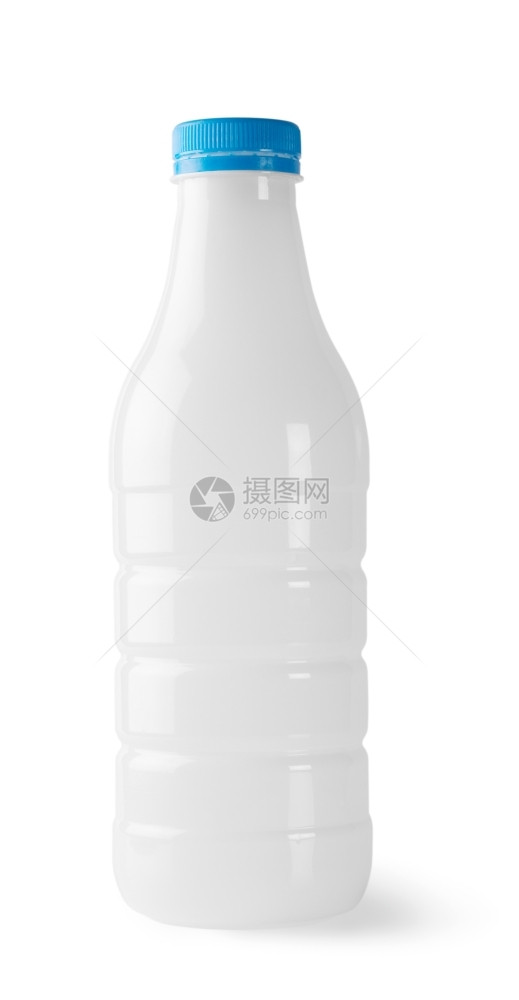 在白色背景上隔离的蓝色盖白塑料瓶药物空的身体图片