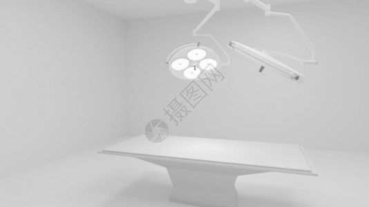 服务3D外科室配有2个照明医疗灯和空床3D发光的房间背景图片