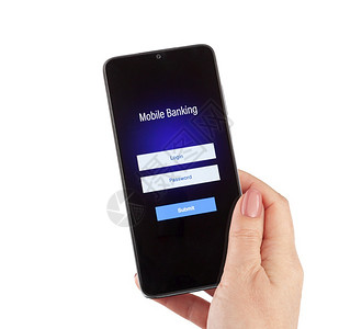 应用无线的屏幕女手持移动银行用白色背景的智能手机进行流动银业务图片