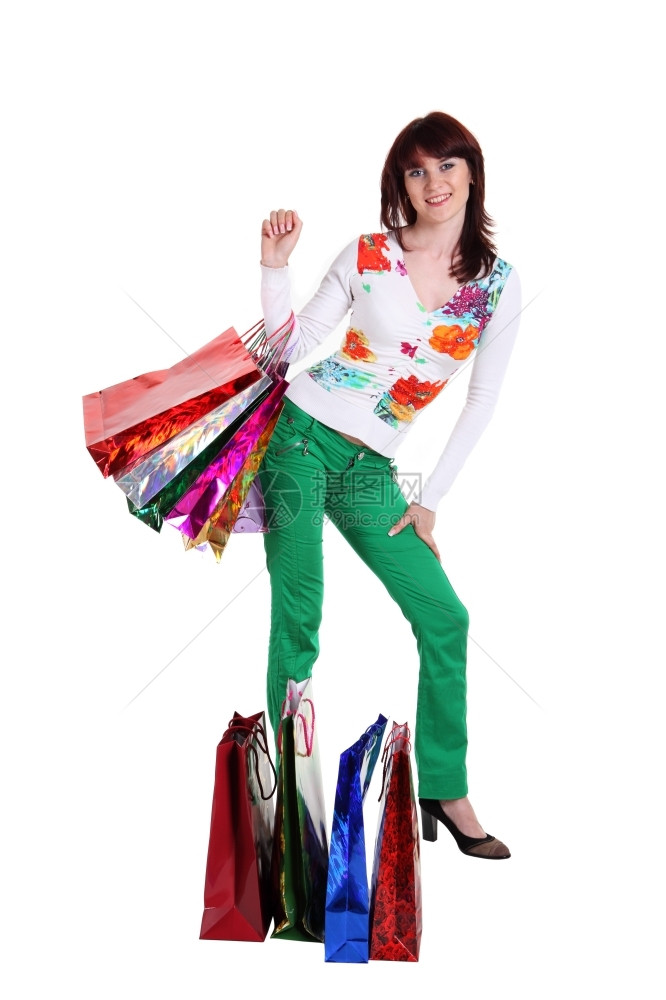 携带女手持白种孤立的彩色购物袋手持花样多彩的购物袋时尚颜色图片