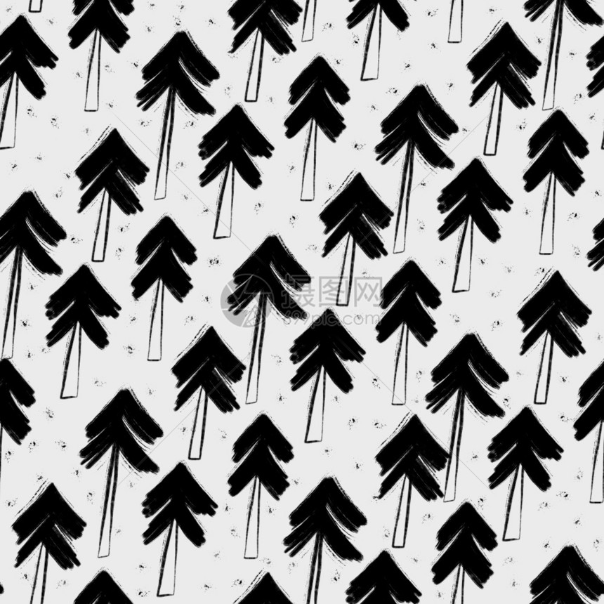自然象征纺织品壁纸包装网络背景和其他模式以森林中的圣诞树填充无缝的黑白颜色和无缝结构图片