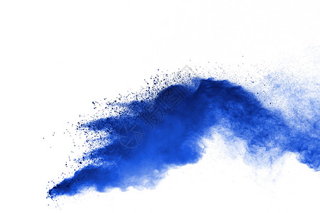 爆炸蓝色烟雾墨水烟雾在白色背景上孤立的蓝色粉末爆炸喷背景