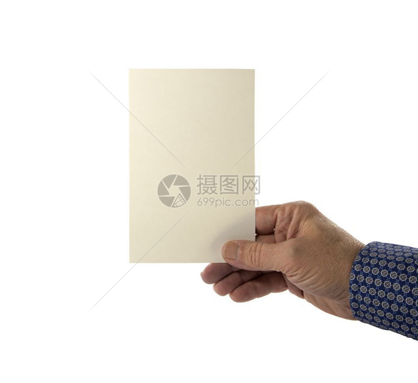 简单的空手持白色背景所孤立的空白纸手持保图片