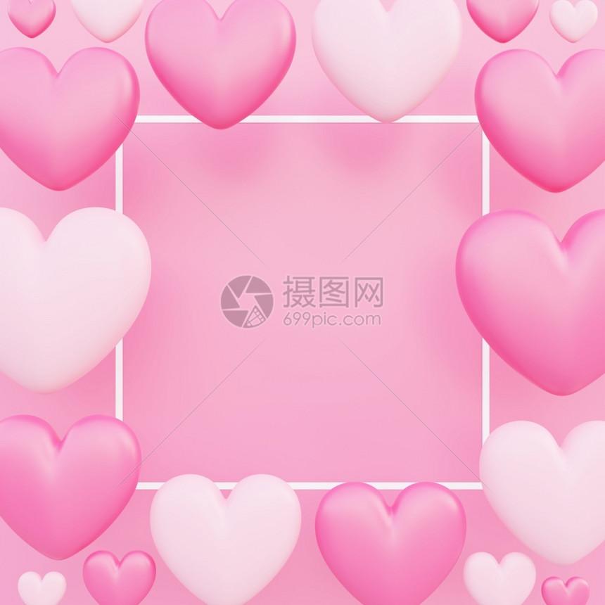 浪漫的宣传册情人节快乐爱概念粉红色3D心形背景贺卡或带有复制空间的方格销售图片