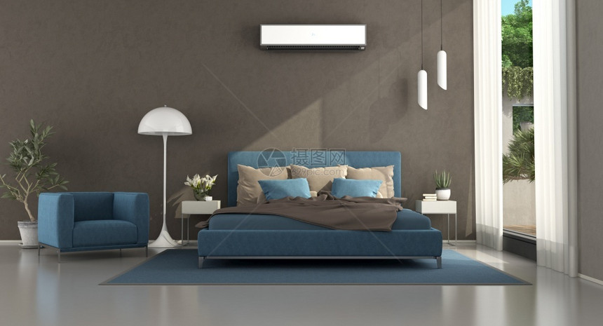 蓝色和棕现代主卧室有双床和夜柜3D制成蓝和棕色现代主卧室内部的地面棕色图片