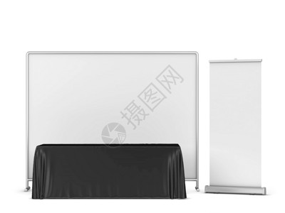 带背景和滚动横幅的空白交易式桌布模拟白色背景上孤立的3D插图站缎正面图片