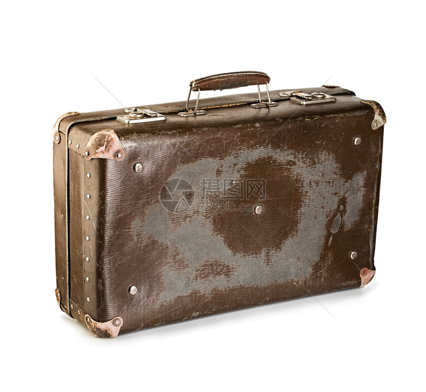 公文包肮脏的在白色背景上隔离的旧式特装行李箱古董图片