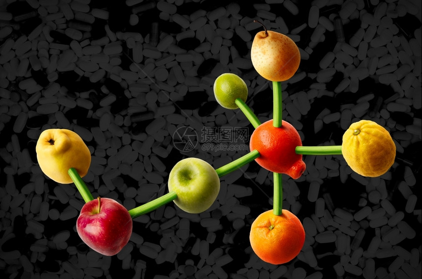 象征随附的以分子结构为形态的连水果维他命饮食概念白色的图片