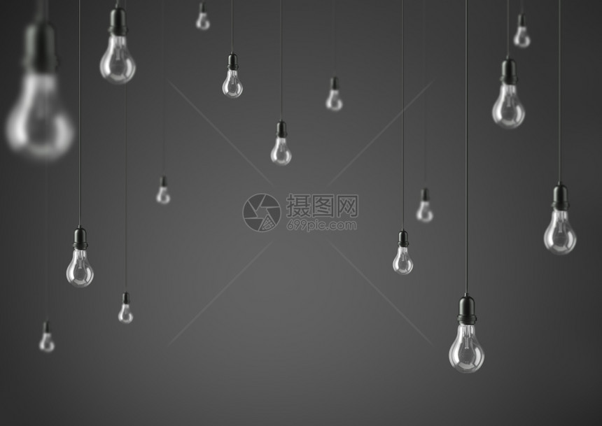 Garland灰色底3D插图上的群装灯泡电离开内部的图片