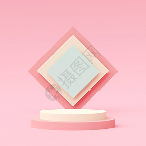 粉红色背景上带有几何形状讲台的糊色场景3D投影颜色形象的使成为图片