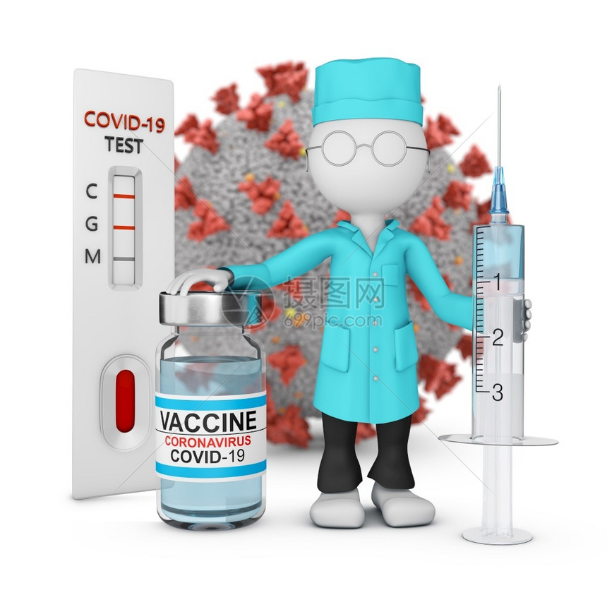 流行病一名穿有注射器和疫苗的实验室大衣医生在冠状3D分子传播的背景下站在直肠试验旁边疫苗接种迅速的图片