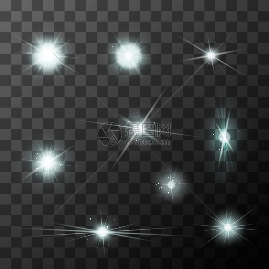 不同恒星爆發的一组白火花在透明的背景上设置不同恒星爆发的一组白火花闪烁爆裂放图片
