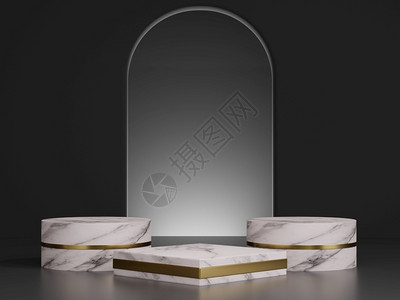 黑色的框架3d制作白色大理石模型配有黄金踏足和黑暗背景的拱门入口金背景图片