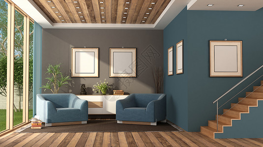 蓝色现代客厅配有楼梯军用椅子和侧板的蓝式现代客厅3D制成蓝色现代客厅配有楼梯空白的目房间背景图片