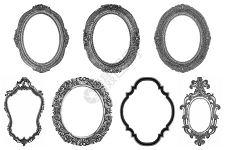 镀银展览剪下白色背景上孤立的一套奥瓦尔装饰古老的银牌木板框博物馆设计图片