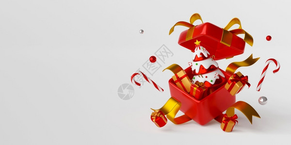圣诞树的旗帜在3D插图的大礼品盒中标有物形象的销售假期背景图片