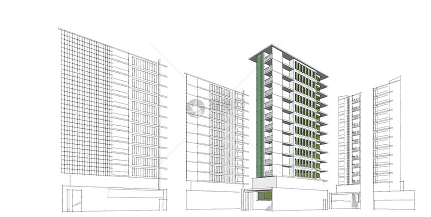 技术框架城市景观建筑3D插图现代城市建筑抽象背景设计建筑背景插图透视线图片