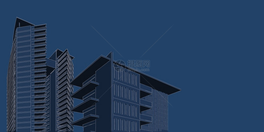 建筑3D插图现代城市建筑抽象背景设计建筑背景插图透视线草图正面多雾路段图片