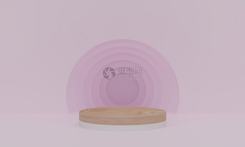 丰富多彩的渲染内部3d以粉红色圆圈背景的Wood讲台制作最小工室以圆形首饰图片