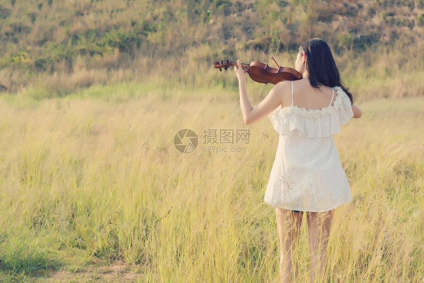 成人年轻的站在草原上演奏小提琴的美丽女子交响乐图片