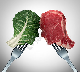 图像贾皮配料食物选择和与健康有关的饮食选择作为人类头型绿色蔬菜甘蓝叶和肉类作为用于营养决定和饮食或两难的3D成因红牛排瓜拉纳皮图片