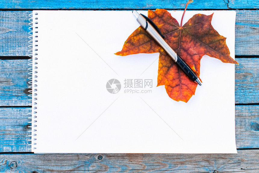 空白笔记本上的秋叶和笔图片