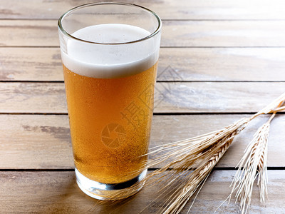 寒冷的苍白一杯啤酒木制背景上有麦穗旧木板上的玻璃杯啤酒背景上有麦穗喝图片