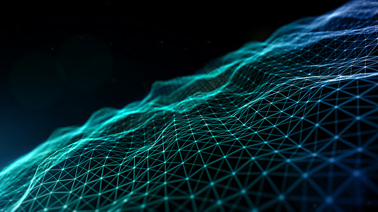 波浪点背景黑暗的数字网络空间未来的数字绿色和蓝的微粒波随着线条和点连接而流动技术网络抽象背景3d几何的现代背景