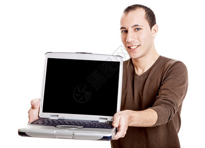 互联网颜色年轻男子在笔记本电脑上展示工作演文稿技术图片