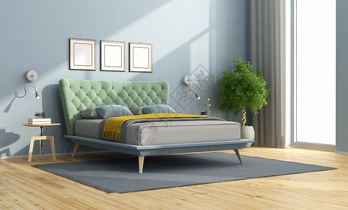 双闪灯软垫双倍的水平带多彩双床蓝色墙壁和窗户3D的最小模范卧室中多彩的双人床设计图片