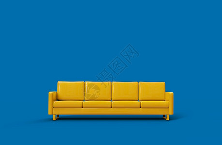 小憩黄色的优质蓝背景黄皮革沙发3D投影室内的设计图片