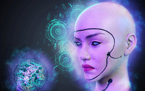 发光鼻子电脑化机械的网络空间女机器人面部和手3d渲染女机器人面部和手设计图片