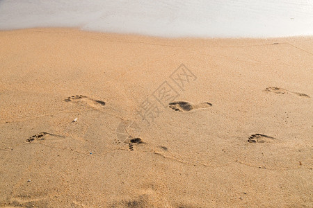 自由步行海滩背景上父亲和孩子的脚印页赤图片