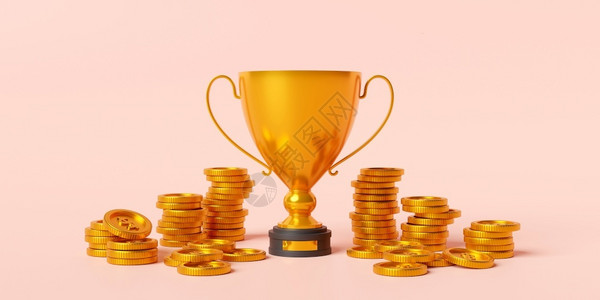 货币3D插图优胜者金奖和美元硬币赢金属图片