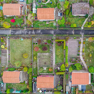 国内的小型垂直空中查看配有小屋路和蔬菜床铺的分配花园朵图片