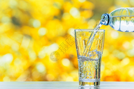 环境降低用手将瓶装水倒入玻璃杯中阳光照在模糊的绿背上环境图片