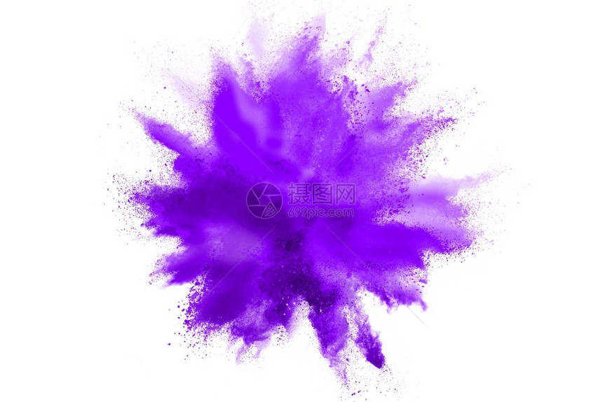 神秘紫色粉末在白背景上爆炸的停动运滑石粉旋风图片