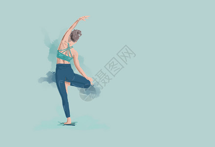 水彩女在头顶上平衡的瑜伽插图与蓝背景和复制空间隔绝人们体操图片