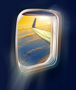 阴霾空中旅行的新黎明从蓝天高处的喷气飞机窗户上亮出日景色翅膀客机图片