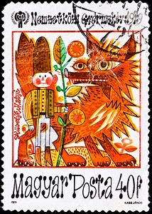 狐狸和猫故事狐狸盯着匈牙利大约197年邮票显示与士兵和狼的绘画大约年背景