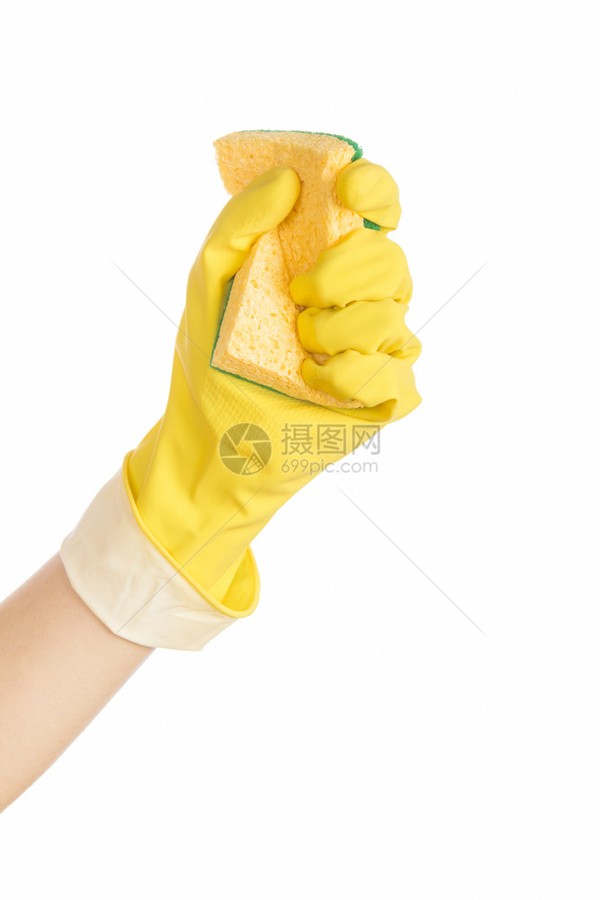 最佳白底带橡胶手套和清洁海绵的妇女手含橡胶套工人家庭图片